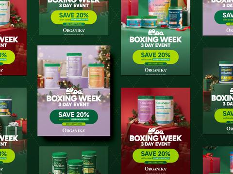 Boxing Week promotional ad suite for Organika health supplement brand, multiple ad formats in dark green with festive holiday styling featuring Bone Broth Collagen Protein Electrolytes and Plant Protein products with Save 20 percent messaging