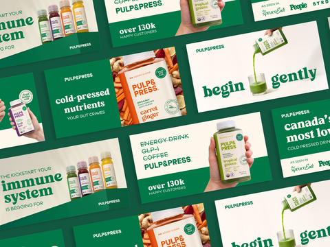 Digital banner ad suite for Pulp and Press organic cold-pressed juice brand, multiple banner formats in forest green and cream featuring Carrot Ginger and Tropical Greens bottles with cold-pressed nutrients your gut craves and begin gently headlines