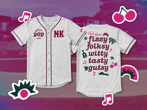 Baseball jersey design for Culture Pop soda and Noah Kahan collaboration, white button-front jersey with Culture Pop Soda chest patch and NK initials, back features Noah Kahan name with fizzy folksy witty tasty gutsy descriptors surrounded by cherry and music note graphics