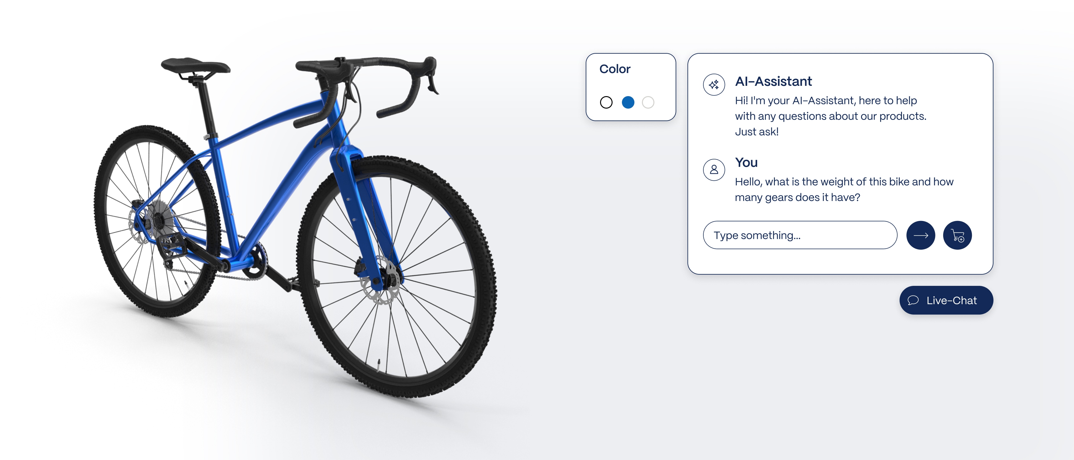 Ein blaues Rennrad wird präsentiert, während ein virtueller Assistent Informationen zu den Produktmerkmalen bereitstellt. Auf der Seite befindet sich ein Eingabefeld für Fragen zur Gewicht und Anzahl der Gänge des Fahrrads.