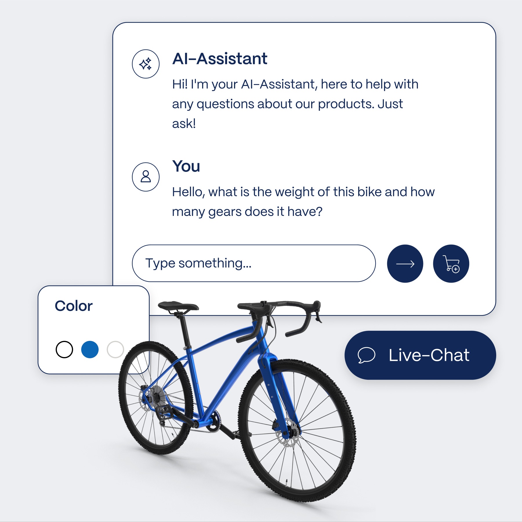 Ein blaues Rennrad wird präsentiert, während ein virtueller Assistent Informationen zu den Produktmerkmalen bereitstellt. Auf der Seite befindet sich ein Eingabefeld für Fragen zur Gewicht und Anzahl der Gänge des Fahrrads.