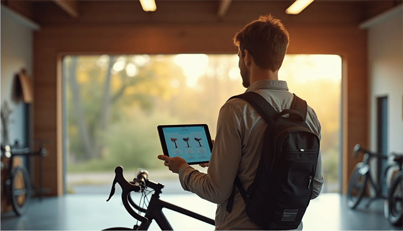 Ein Mann mit Rucksack betrachtet ein Tablet, das passendes Fahrradzubehör zeigt, während er in einer Garage steht. Im Hintergrund sind weitere Fahrräder sichtbar.