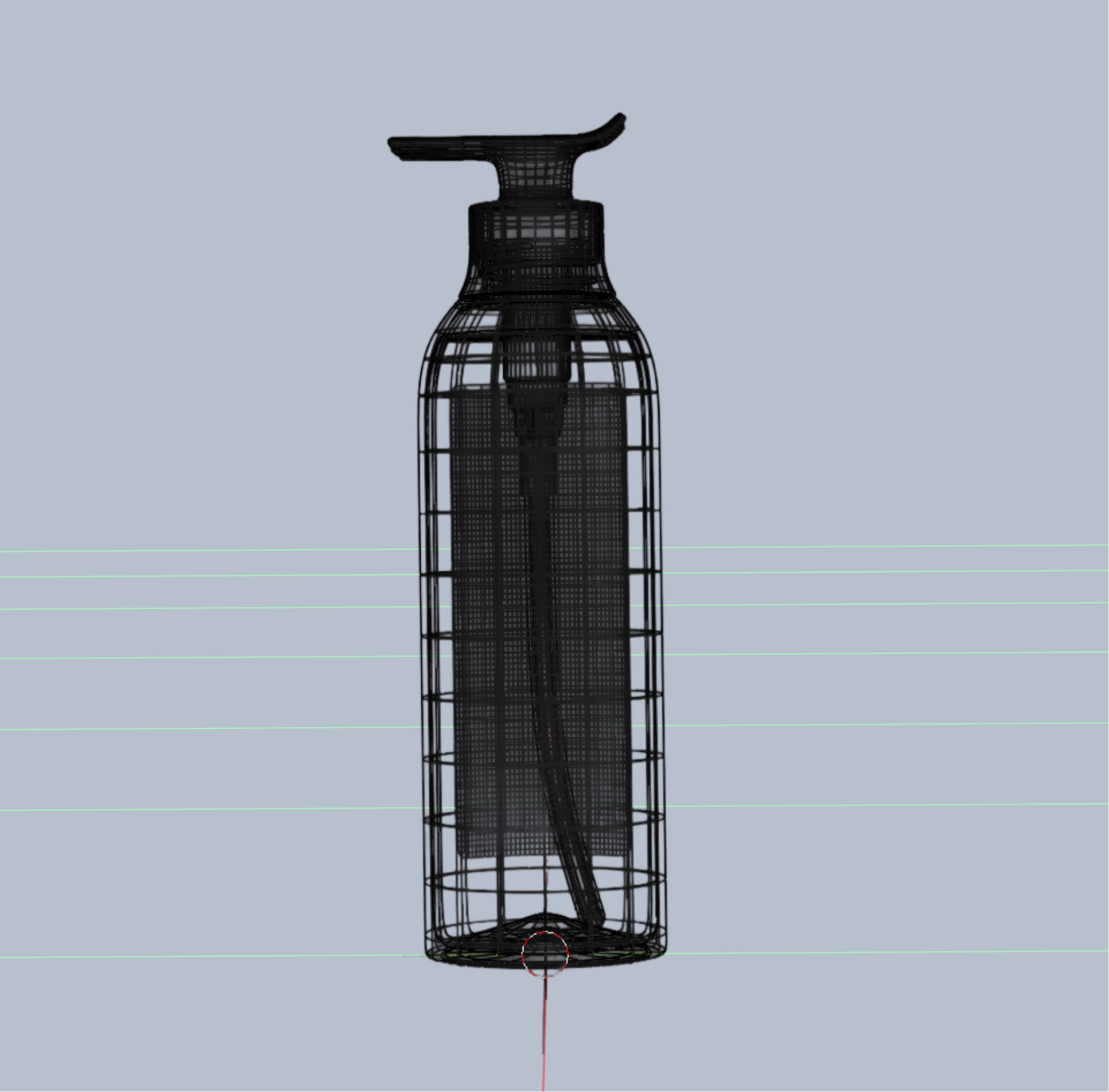 Eine Drahtgitter-Rendering-Ansicht einer Flasche mit Pumpspender. Die Struktur zeigt die Konturen und das Innenleben der Flasche, während der Hintergrund schlicht und einfarbig ist.