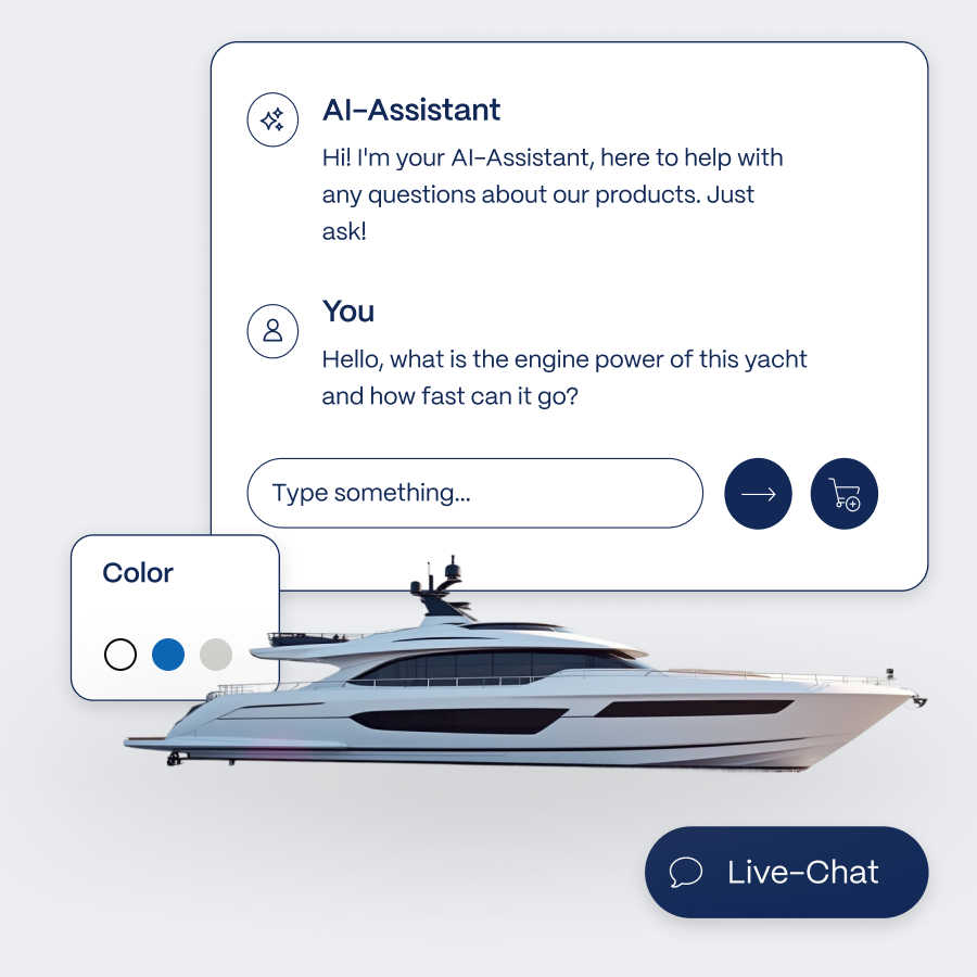 Ein Screenshot eines Live-Chat-Interfaces zeigt einen KI-Assistenten, der Fragen zu Yachten beantwortet. Neben einem Bild einer Yacht wird nach Informationen zur Motorleistung und Geschwindigkeit gefragt. Optionen zur Farbauswahl sind ebenfalls sichtbar.