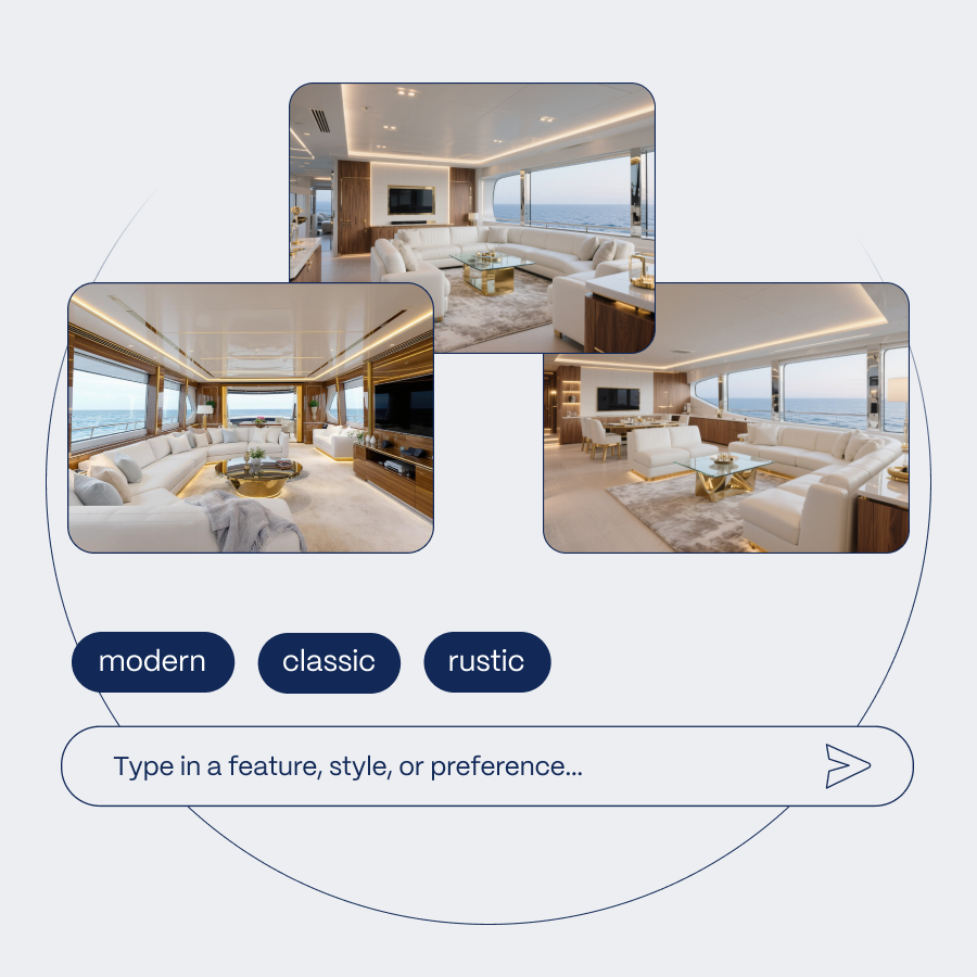 Eine Auswahl von drei eleganten Yacht-Innenräumen wird angezeigt, die jeweils modernes Design mit hellen Möbeln und großen Fenstern kombinieren. Darunter gibt es Auswahlmöglichkeiten für "modern", "klassisch" und "rustikal", sowie ein Eingabefeld für spezifische Wünsche oder Merkmale.