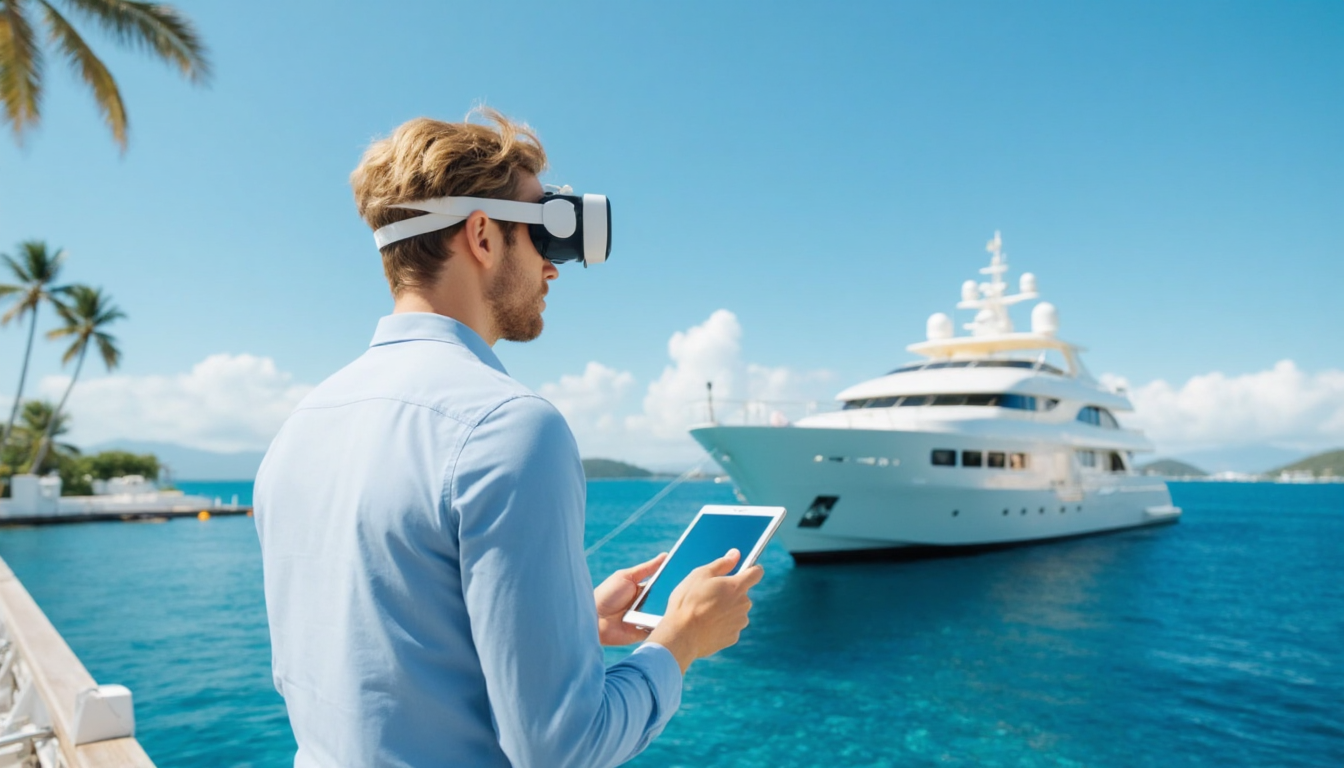 Ein Mann mit VR-Brille und Tablet steht am Wasser, während im Hintergrund eine luxoriöse Yacht zu sehen ist. Palmblätter runden das tropische Ambiente ab.