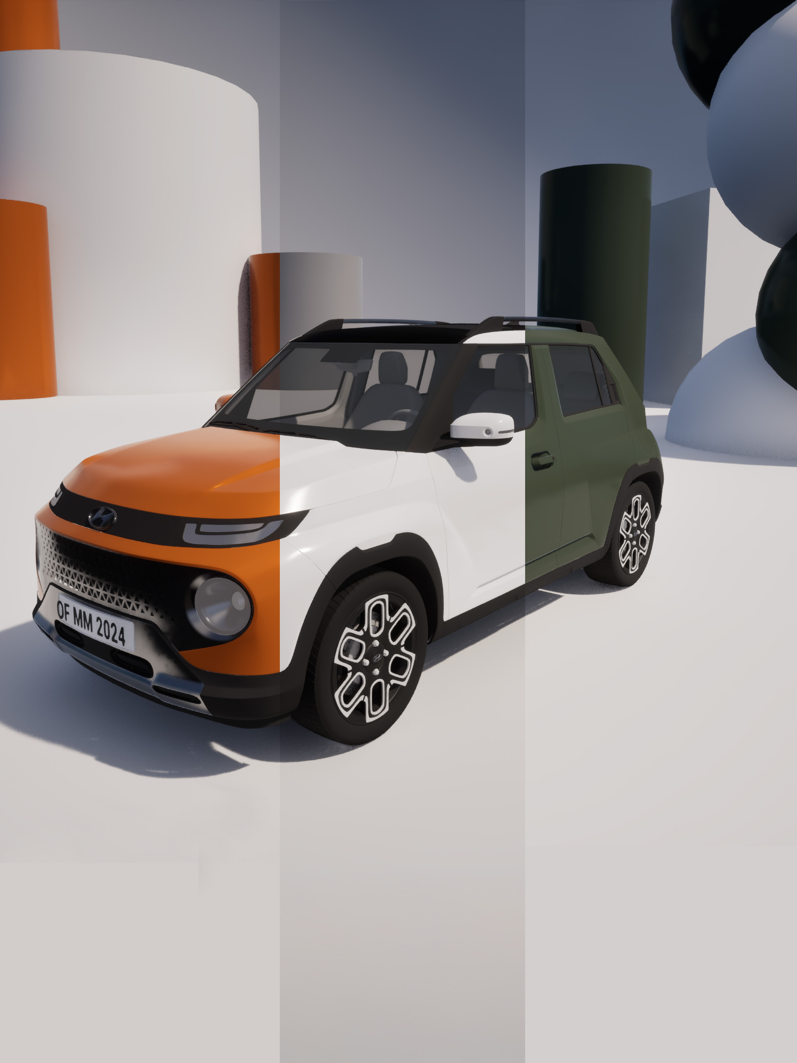 Dreifarbig lackiertes Auto in virtuellem Raum