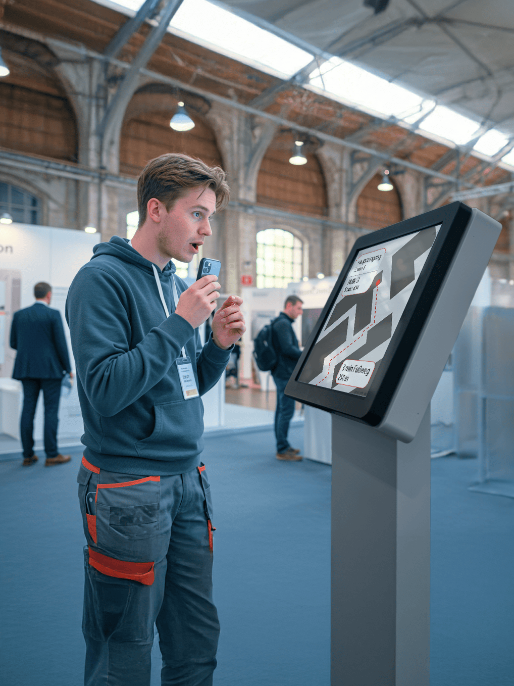 Mann vor Monitor auf einer Messe spricht in sein Handy