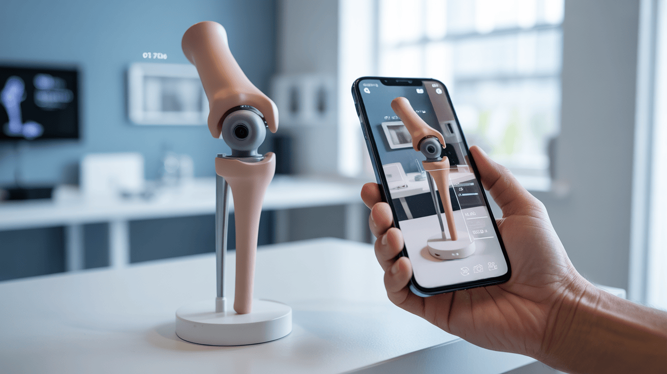 Großer gelber Bagger im Hintergrund, während im Vordergrund eine Hand ein Handy mit einem Produktkonfigurator hält.