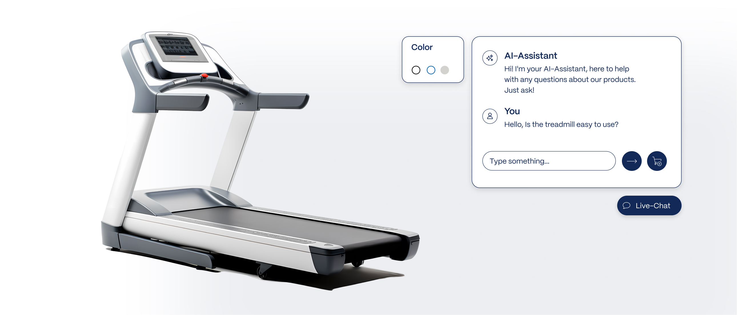 Ein Laufband wird präsentiert, während ein virtueller Assistent Informationen zu den Produktmerkmalen bereitstellt. Auf der Seite befindet sich ein Eingabefeld für Fragen.