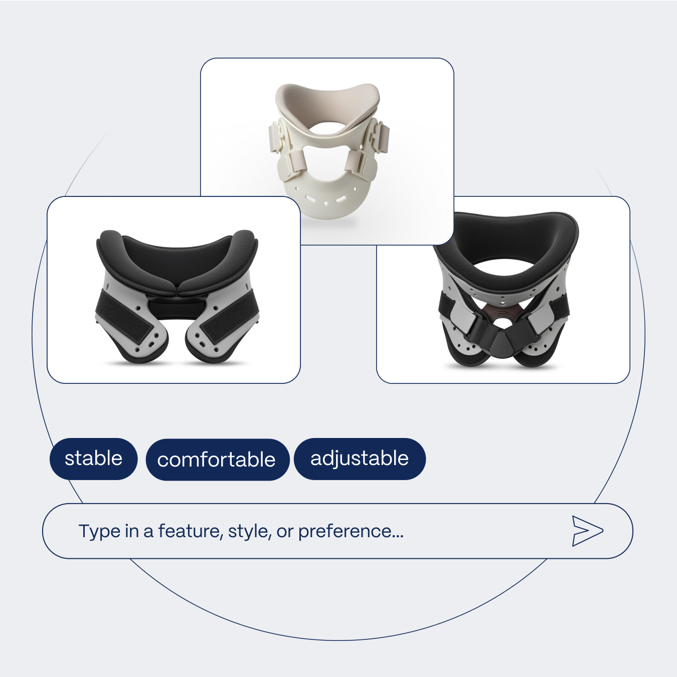 Darstellung von drei orthopädischer Kragen auf einem digitalen Interface, mit einem Eingabefeld für weitere Eigenschaften und Auswahlmöglichkeiten darunter.