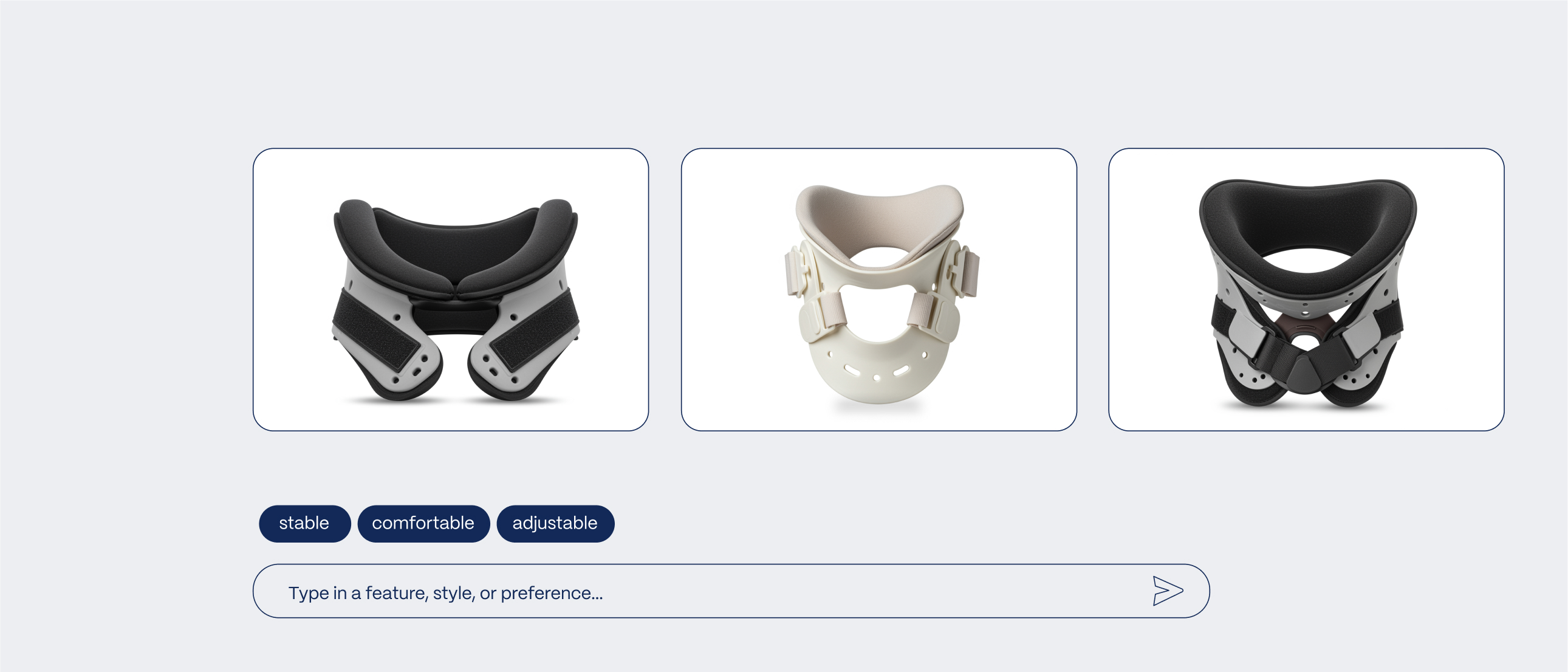 Darstellung von drei orthopädischer Kragen auf einem digitalen Interface, mit einem Eingabefeld für weitere Eigenschaften und Auswahlmöglichkeiten darunter.