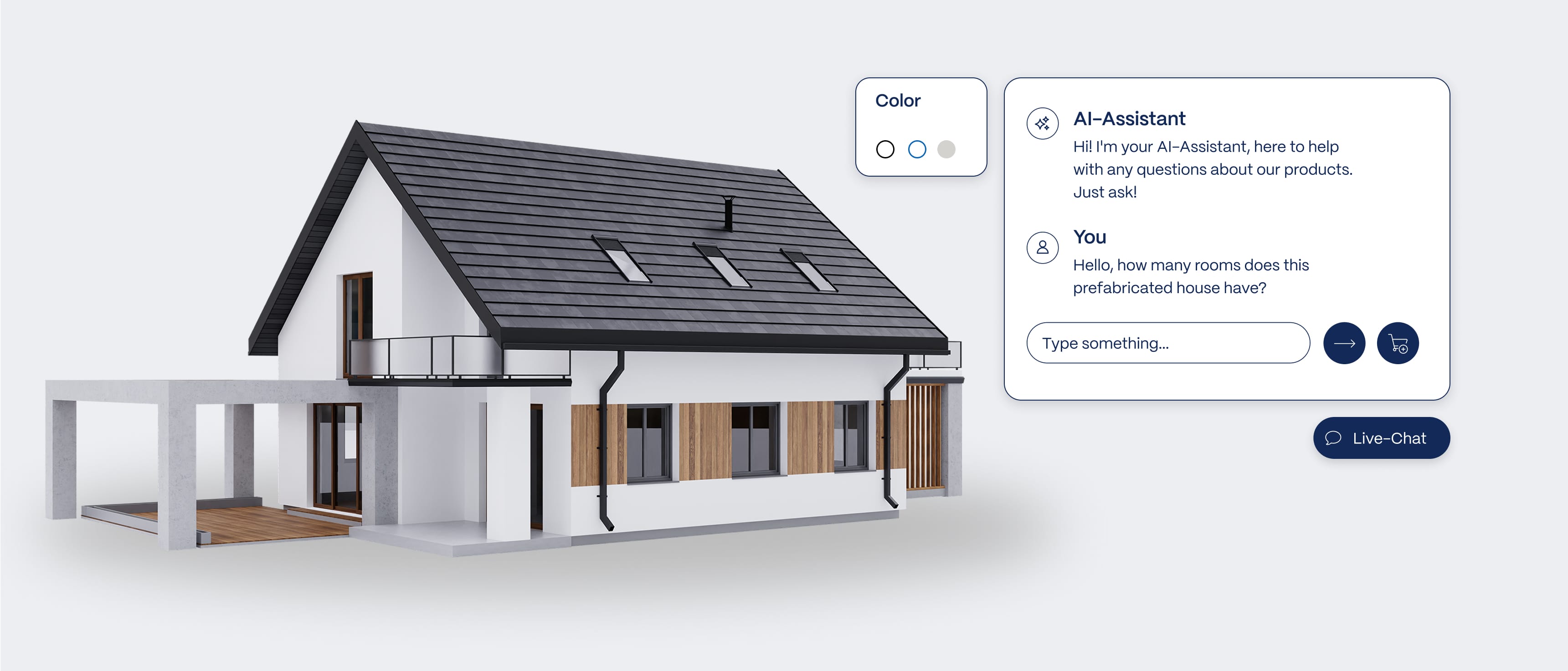 Ein Fertighaus wird präsentiert, während ein virtueller Assistent Informationen zu den Produktmerkmalen bereitstellt. Auf der Seite befindet sich ein Eingabefeld für Fragen.