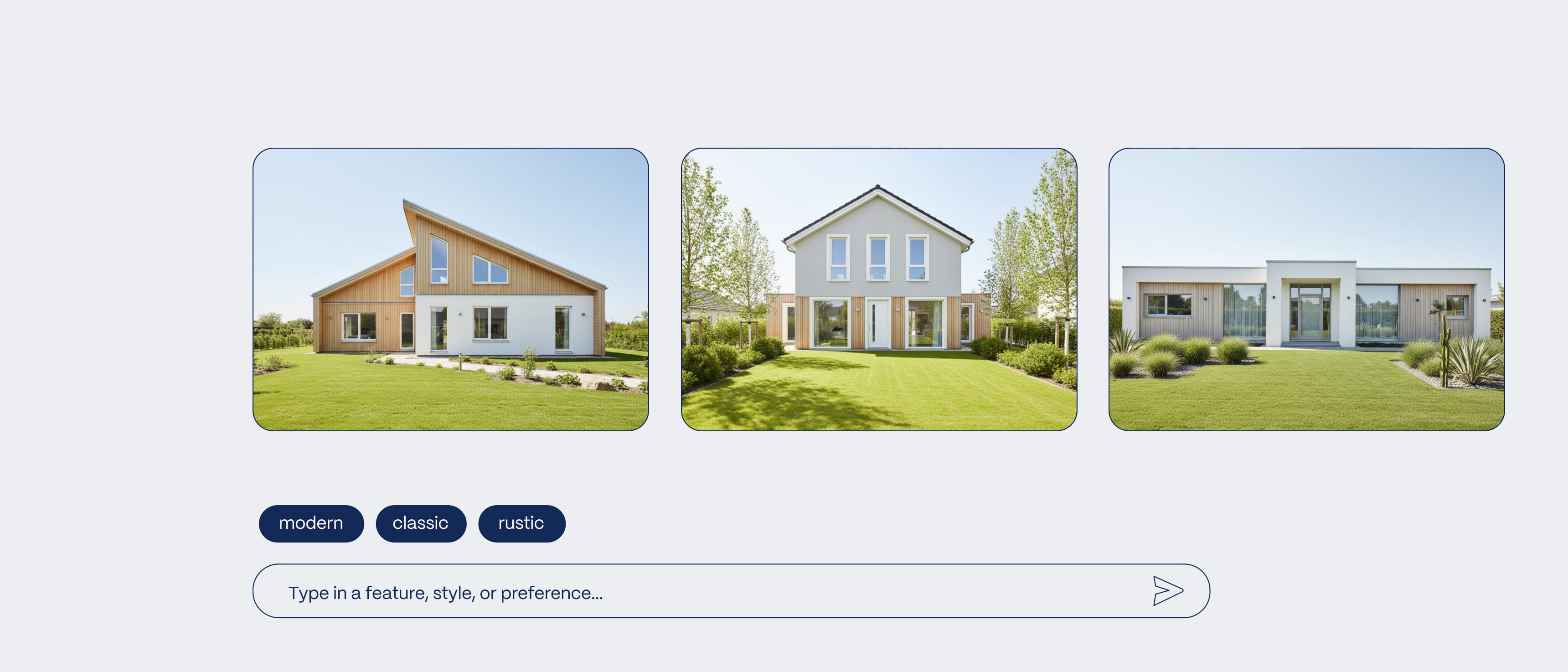 Darstellung von drei Fertighäusern auf einem digitalen Interface, mit einem Eingabefeld für weitere Eigenschaften und Auswahlmöglichkeiten darunter.