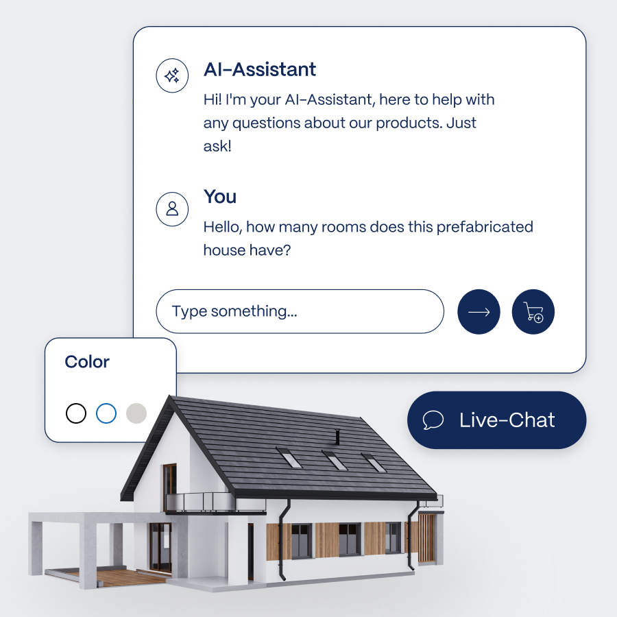 Ein Fertighaus wird präsentiert, während ein virtueller Assistent Informationen zu den Produktmerkmalen bereitstellt. Auf der Seite befindet sich ein Eingabefeld für Fragen.