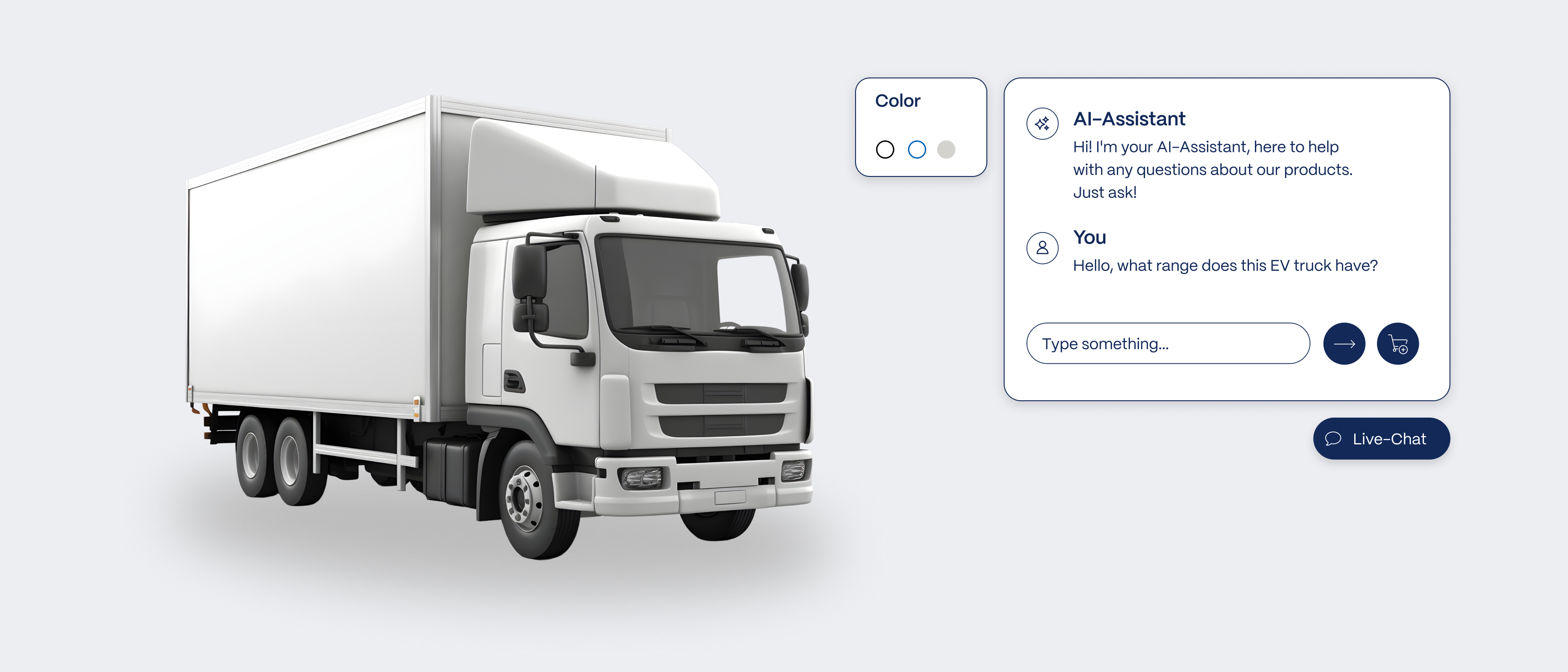 Ein Chatbot Pop-Up Textfeld bei dem man einer Ki, Fragen zum Truck stellen kann. Dieser wird daneben als 3D-Muster visualisiert angezeigt.