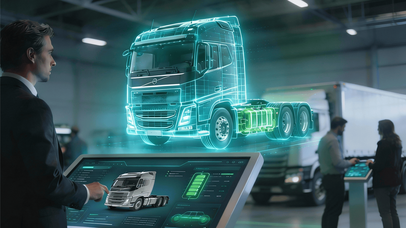 Fuhrparkmanager betrachtet E-Lkw-Konfiguration auf einem Tablet im Lager – digitales 3D-Interface im Vordergrund