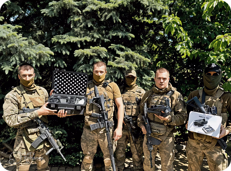 Five armed soldiers in camouflage uniforms and tactical gear standing in front of dense green foliage, two holding equipment cases and others holding rifles.