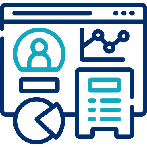 Tableau de bord avec diagramme circulaire et graphiques en barres sur fond bleu.