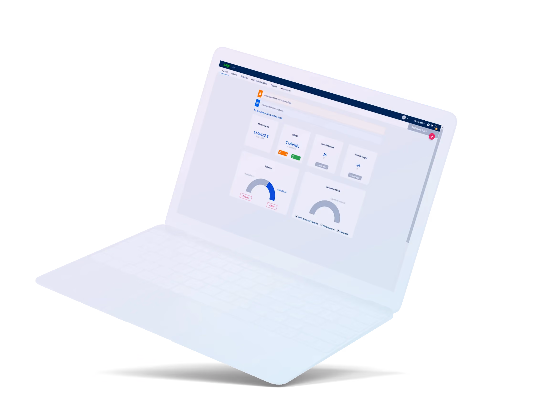 Ordinateur portable affichant le tableau de bord de Sage Business Cloud avec des données sur les salariés, salaires et déclarations.