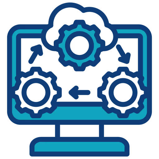 Icône d'un écran d'ordinateur affichant trois engrenages reliés par des flèches, symbolisant l'automatisation et le traitement informatique.