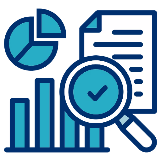 Icône d'analyse de données avec graphique à barres, diagramme circulaire, document et loupe avec coche.
