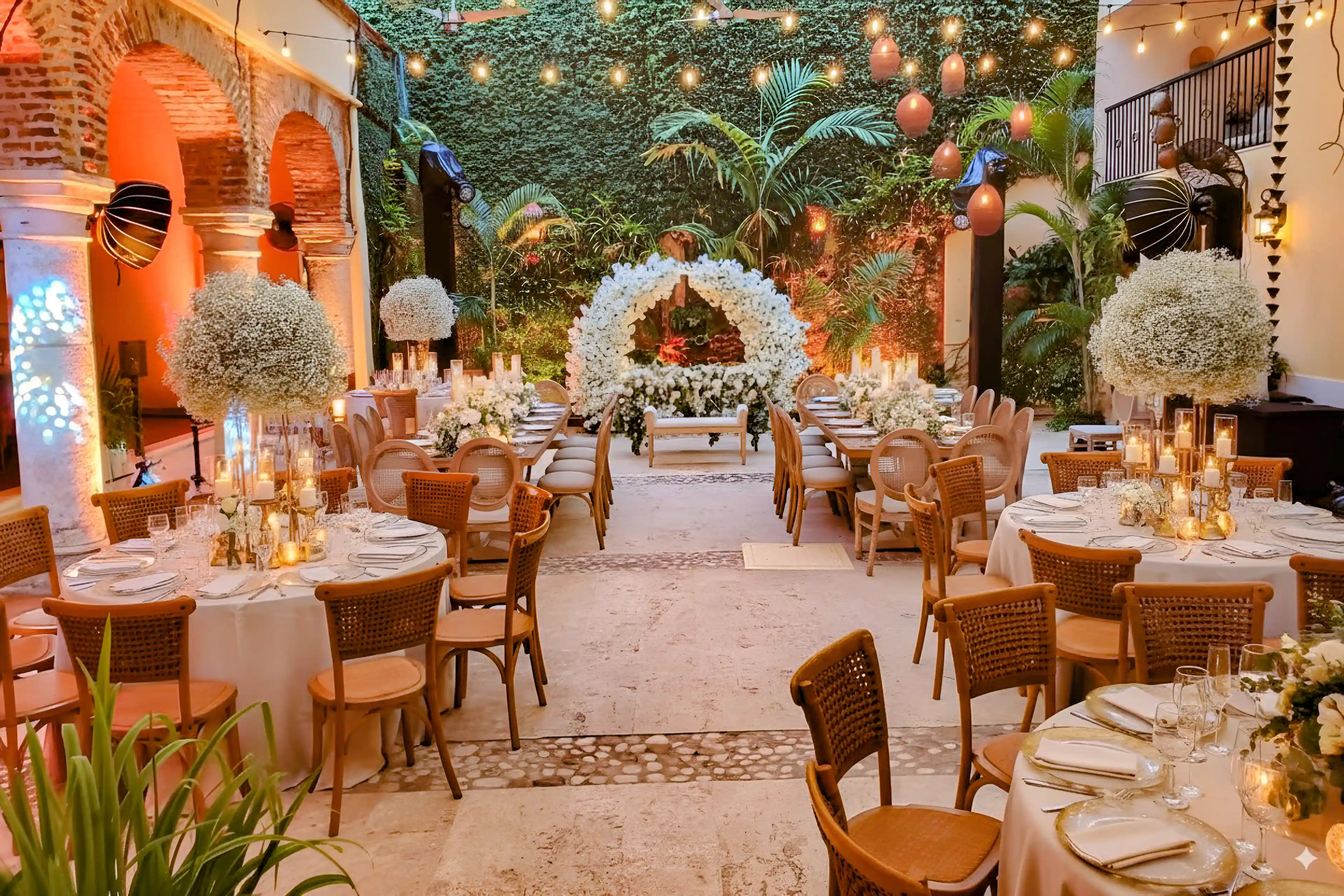 Elegant outdoor wedding reception setup with round tables, wooden chairs, white floral centerpieces, and a floral arch against a green ivy wall.