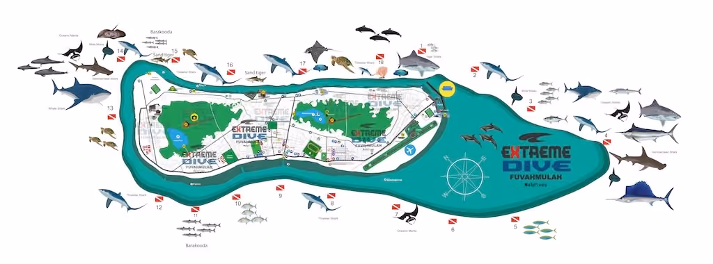 Fuvahmulah dive map and sites: there are 18 dive sites around 