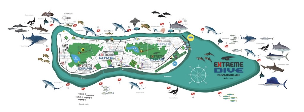 Fuvahmulah dive map and sites: there are 18 dive sites around 