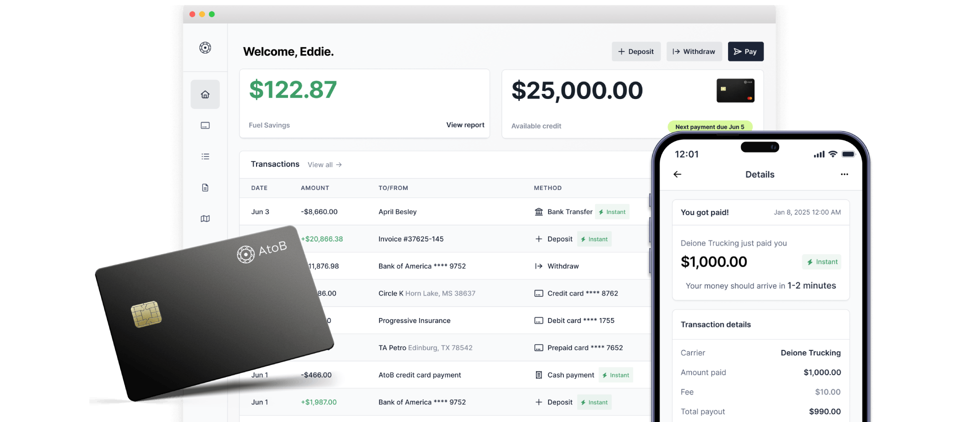 Screenshot of dashboard and mobile app with a mockup of a fuel card