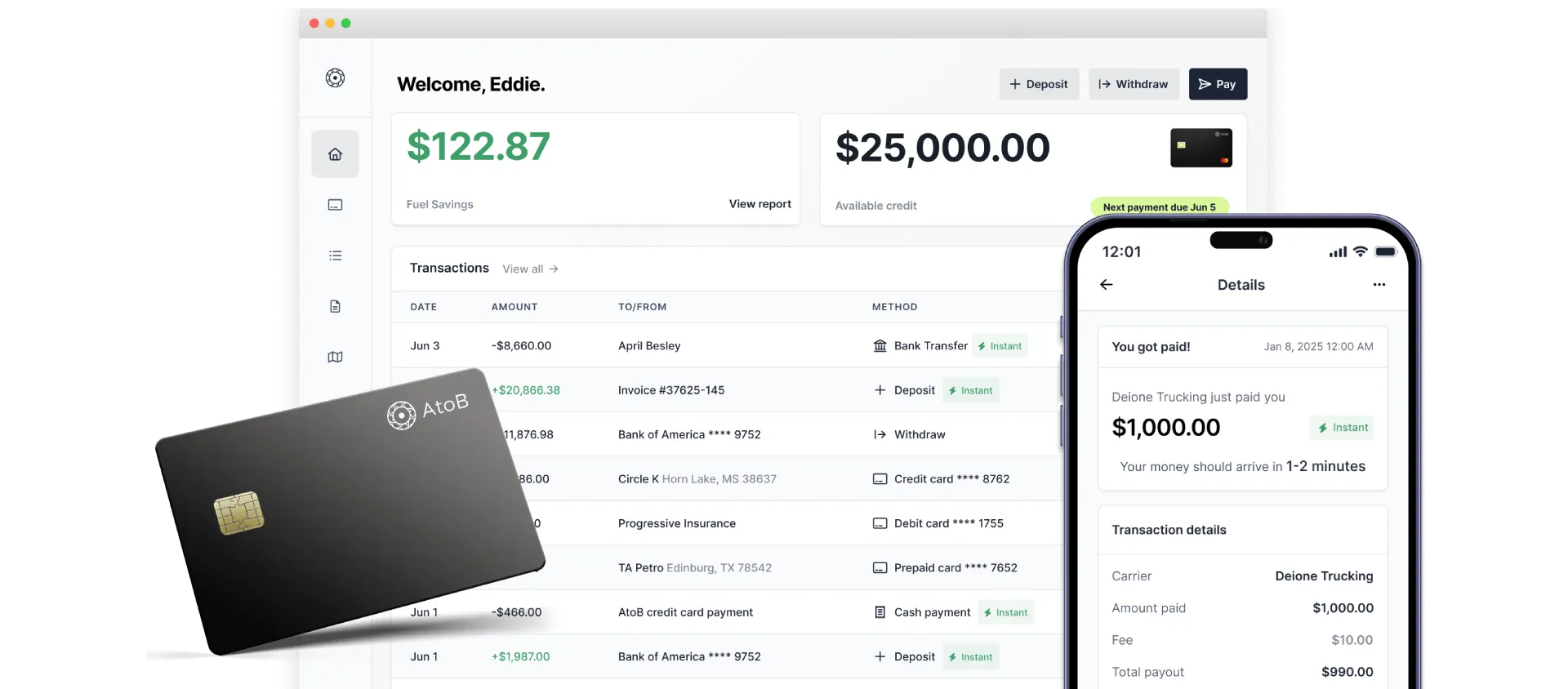 Screenshot of dashboard and mobile app with a mockup of a fuel card