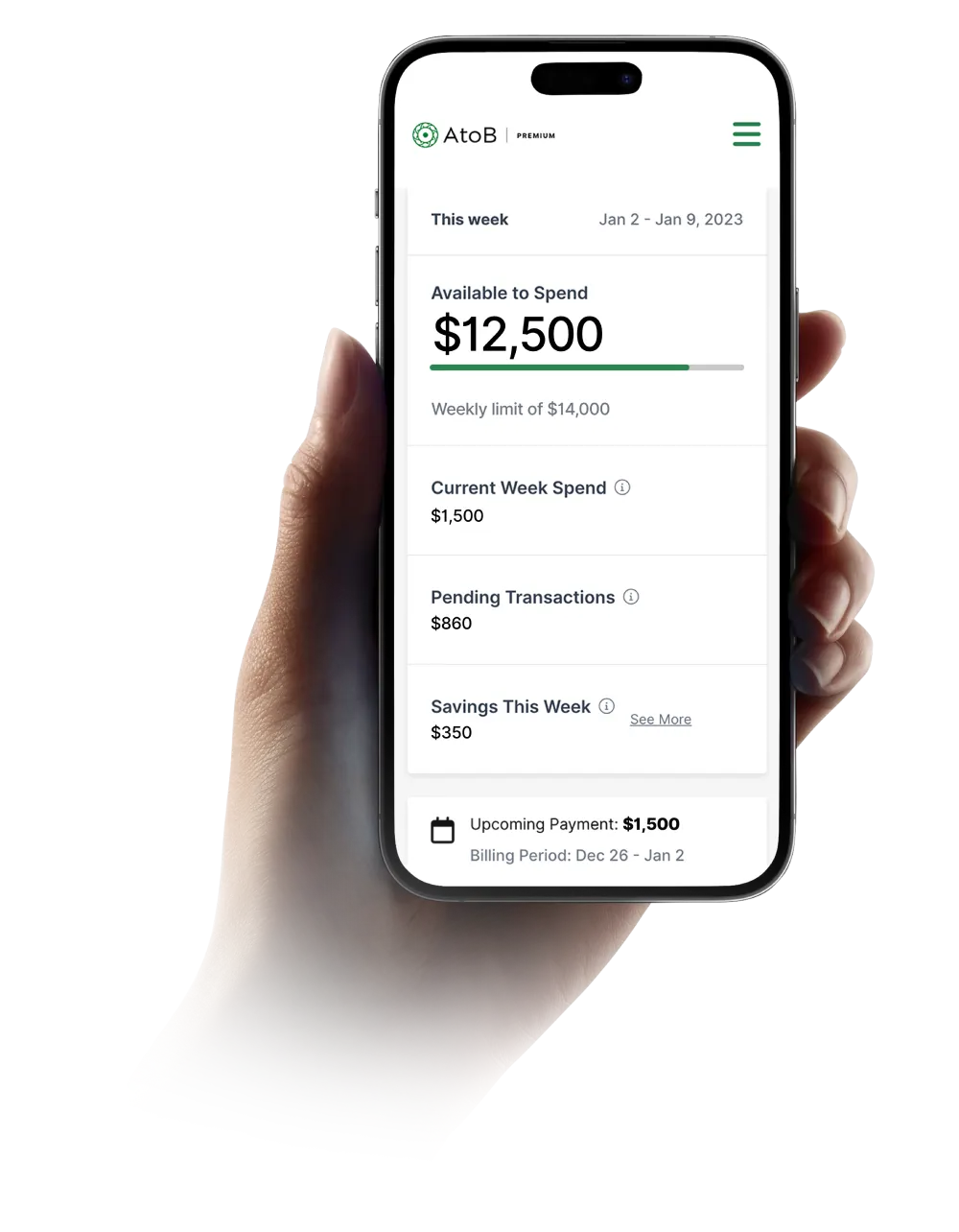 A smartphone displaying the AtoB app, showing spending limits and savings for a Mastercard fleet fuel card.