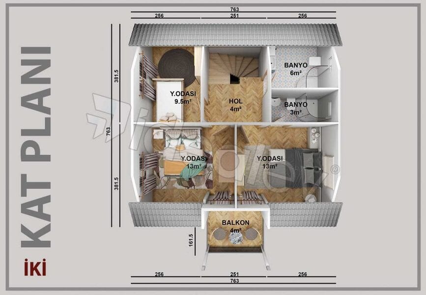 İdeal Ev 123m2 dik çatılı 3+1 üst kat planı