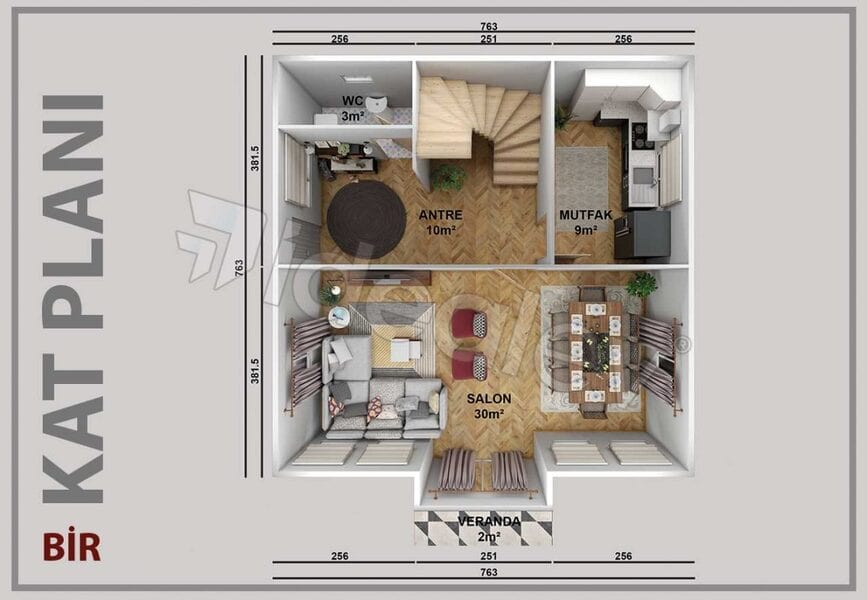 İdeal Ev 123m2 dik çatılı 3+1 zemin kat planı