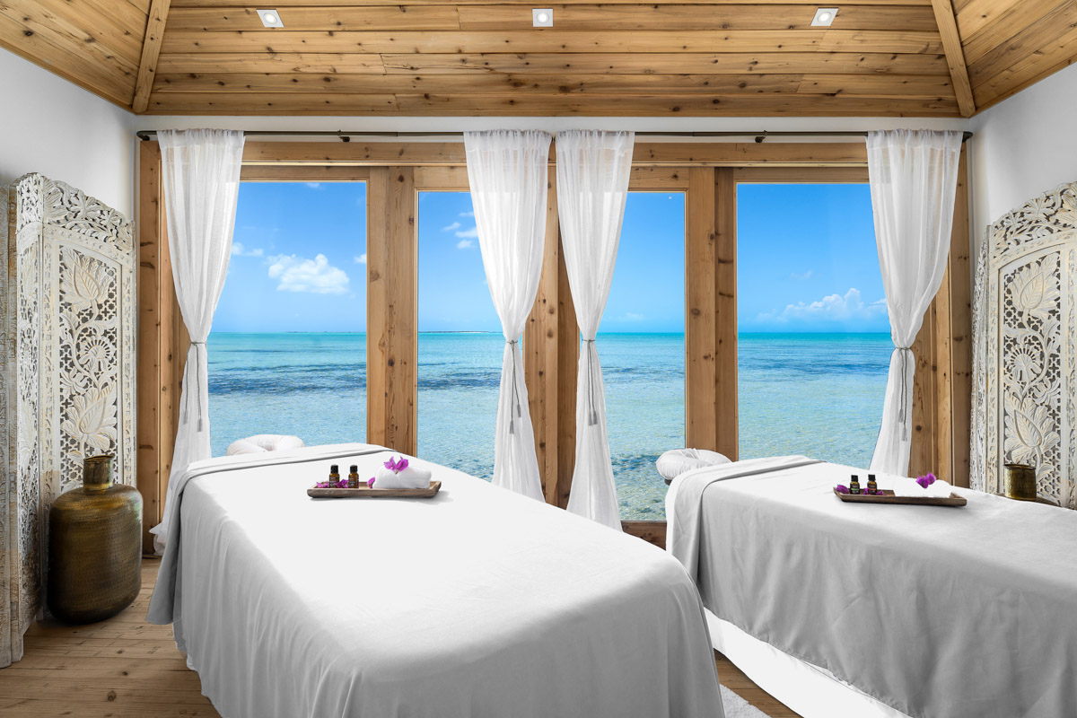 Couples spa treatment room with ocean view at Elevate Spa, Ambergris Cay Turks and Caicos