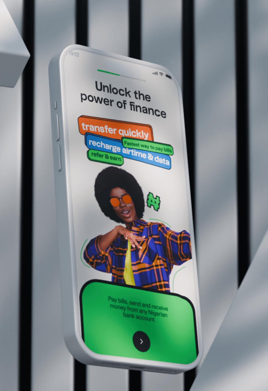 Portrait view of a smartphone floating with two bars on each side