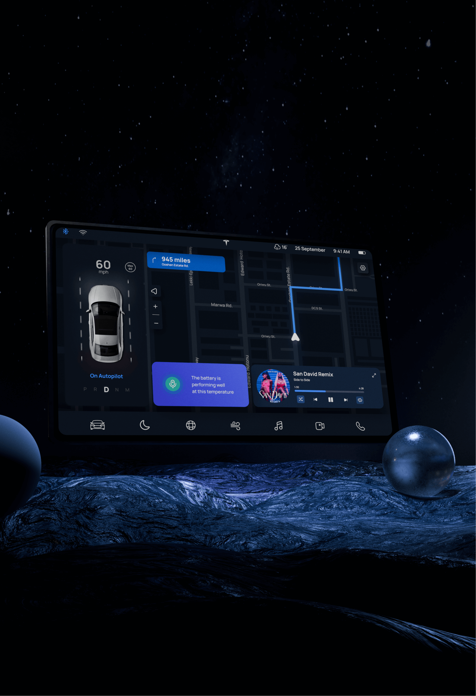 Portrait view of a tab floating on an alien landscape with two spheres in front of it