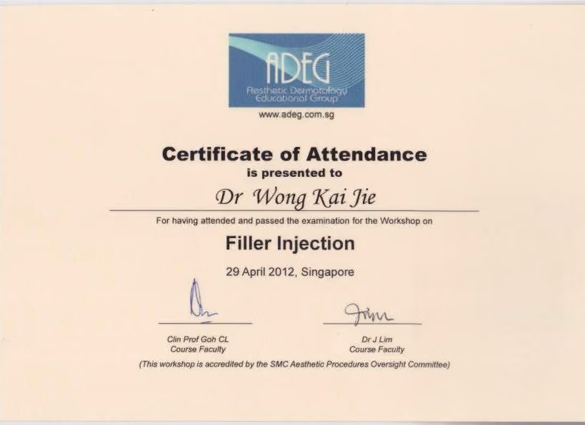 ADEG Filler Injection workshop certificate, 29 April 2012 (attended and passed the examination).