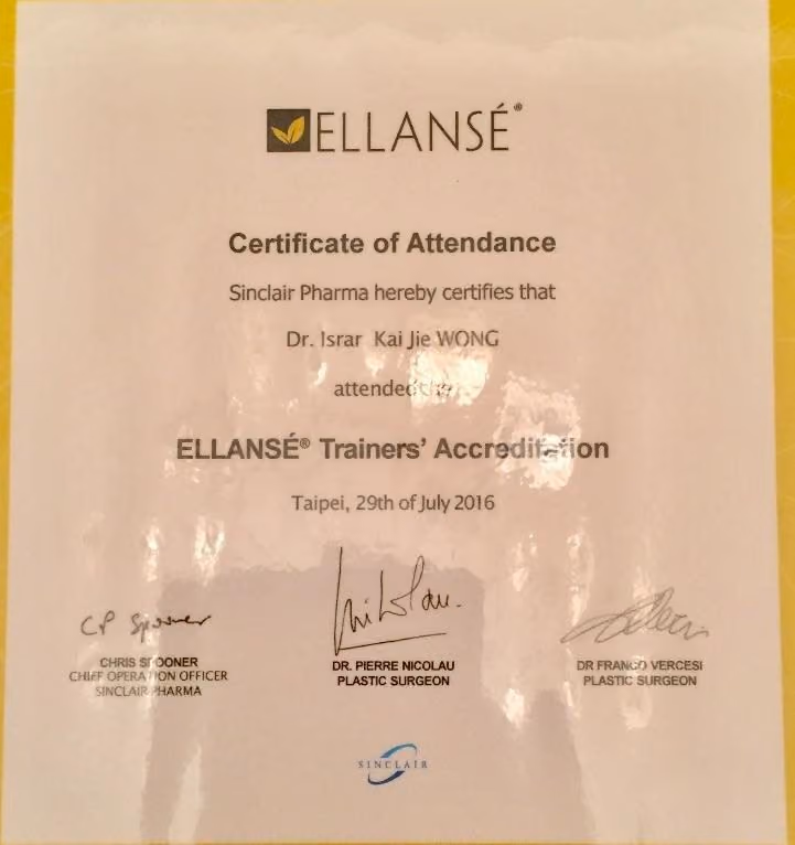Ellansé Trainers' Accreditation certificate, Sinclair Pharma, Taipei, 29 July 2016.