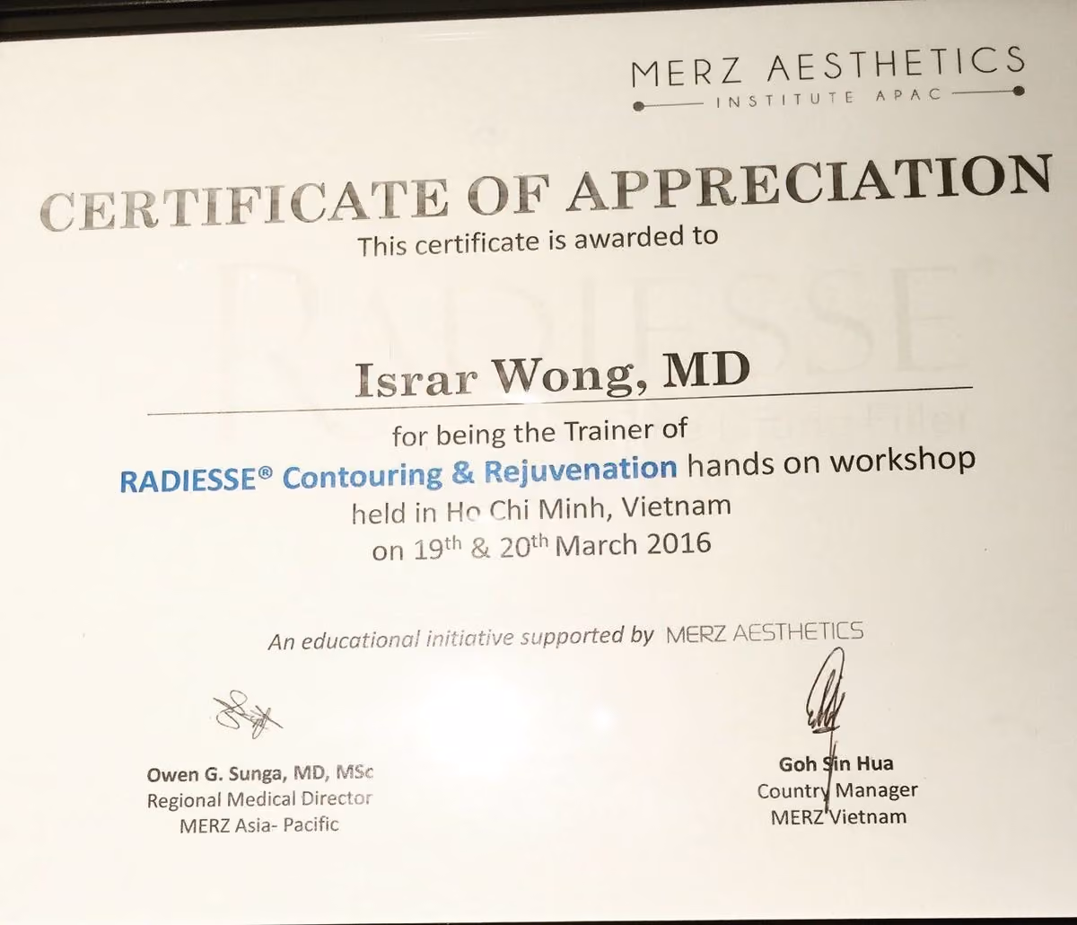 Merz Aesthetics certificate of appreciation — trainer, Radiesse Contouring and Rejuvenation hands-on workshop, Ho Chi Minh City, 19–20 March 2016.