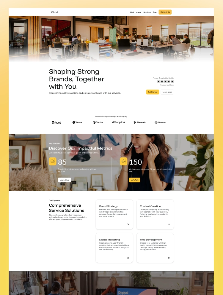 The Ohrid Webflow template is designed and built for agencies and startups with easy to customize features, CMS options and optimized for proper SEO performance.