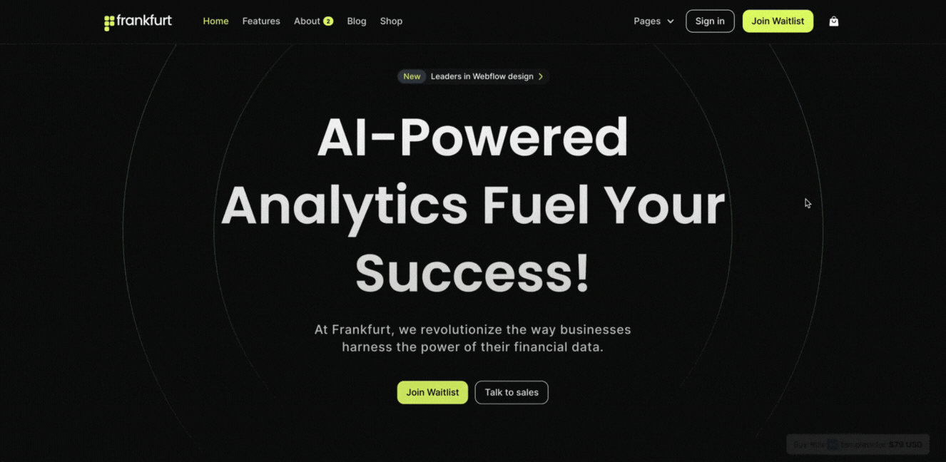 A gif preview of the Frankfurt Webflow SaaS template made by Wedoflow
