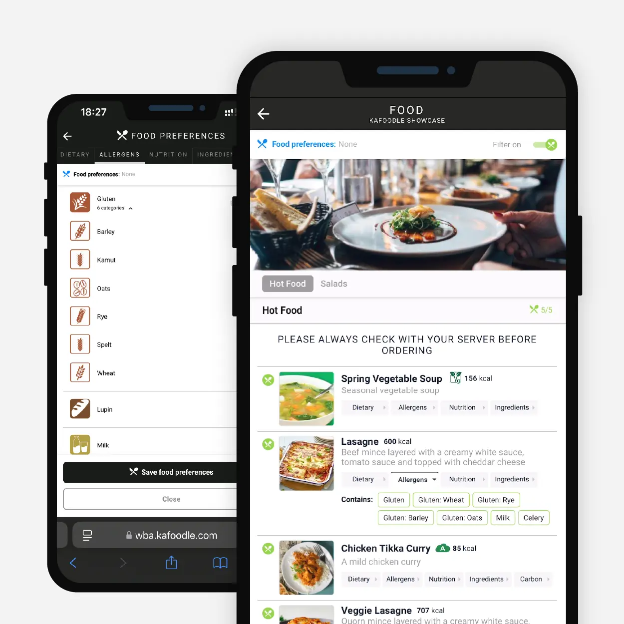 Kafoodle allergen menu software displaying allergens from connected recipe data.