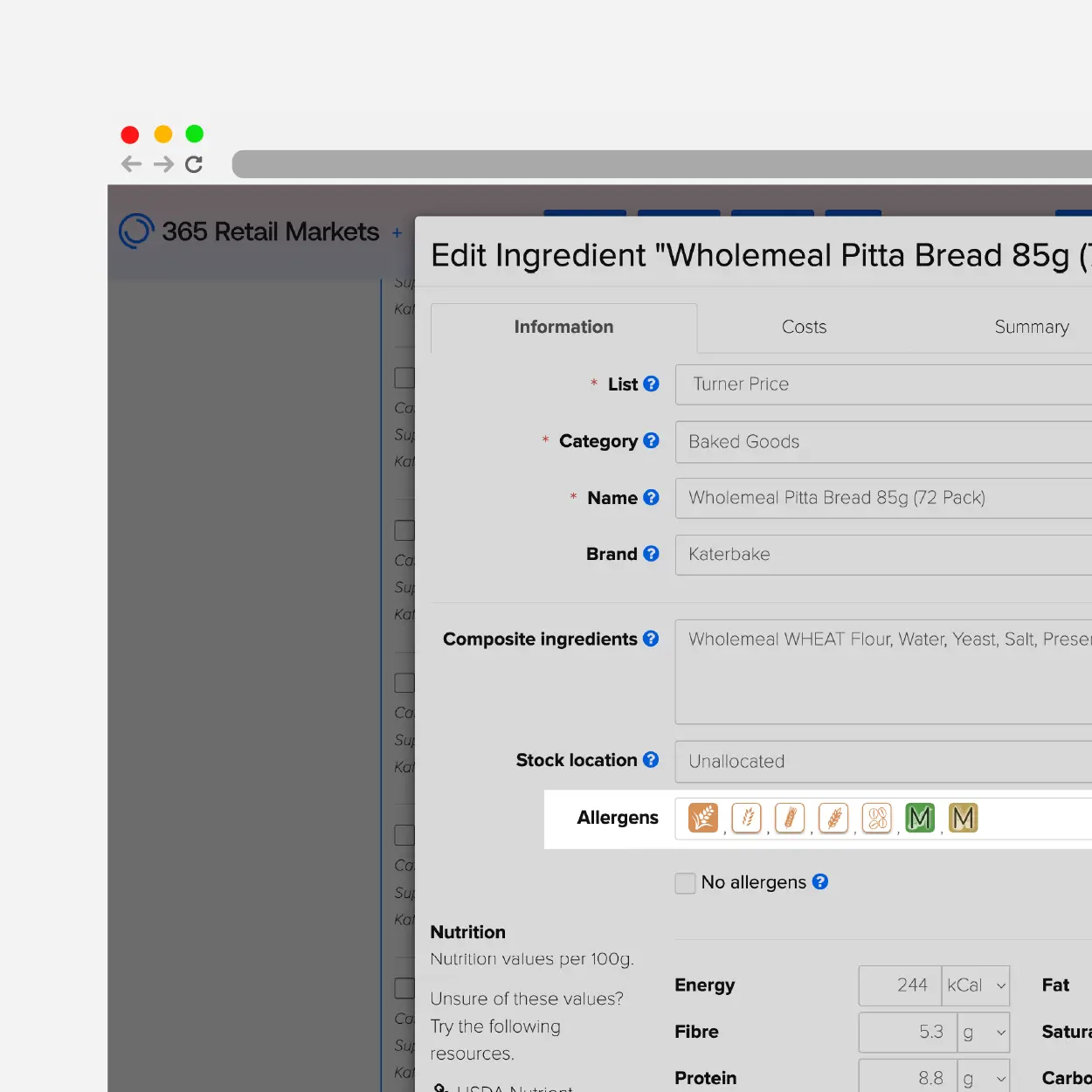 Kafoodle ingredient allergen database showing allergen, nutrition, supplier and cost data.