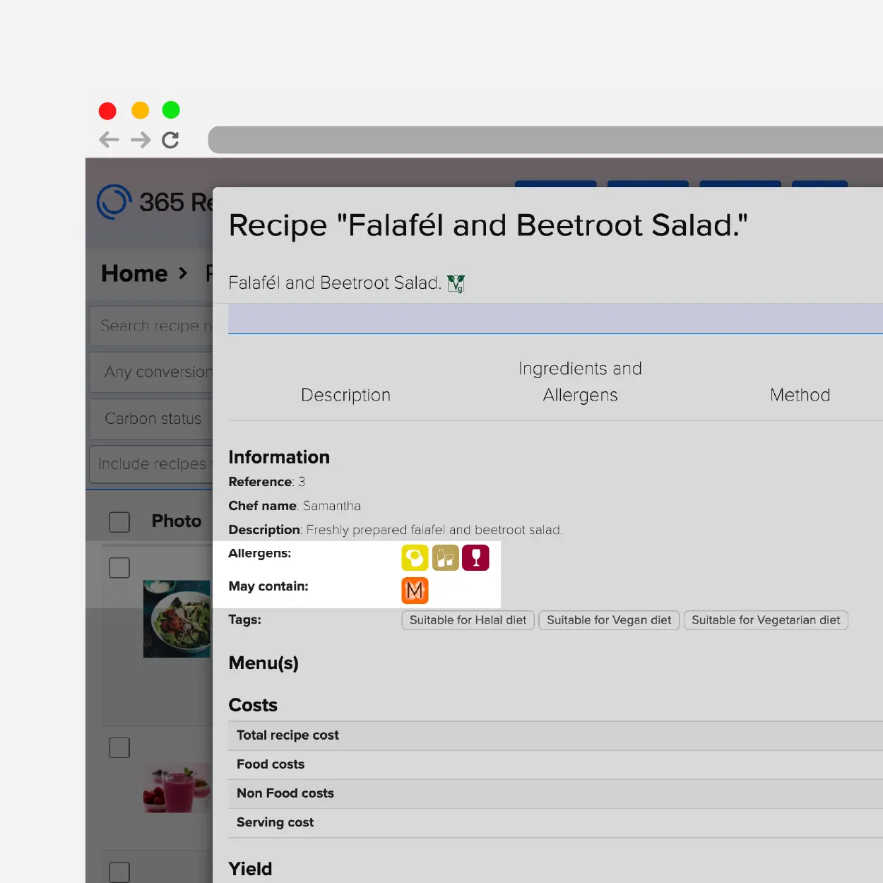 Kafoodle recipe allergen management showing allergen and nutrition information from ingredients.