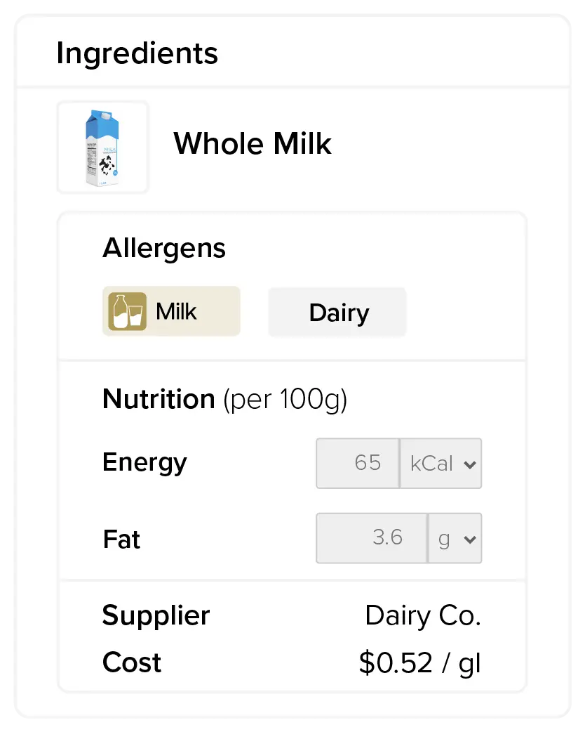 Kafoodle ingredient data import showing allergens, nutrition, supplier and cost details.