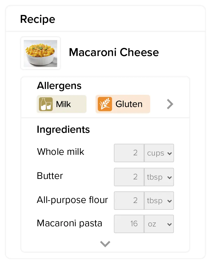 Kafoodle recipe builder calculating allergen and nutrition information from ingredient data.