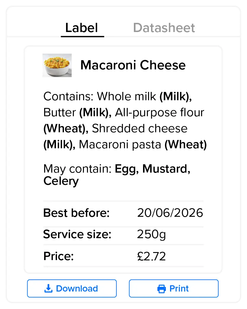 Kafoodle allergen labels and datasheets generated from connected recipe data.