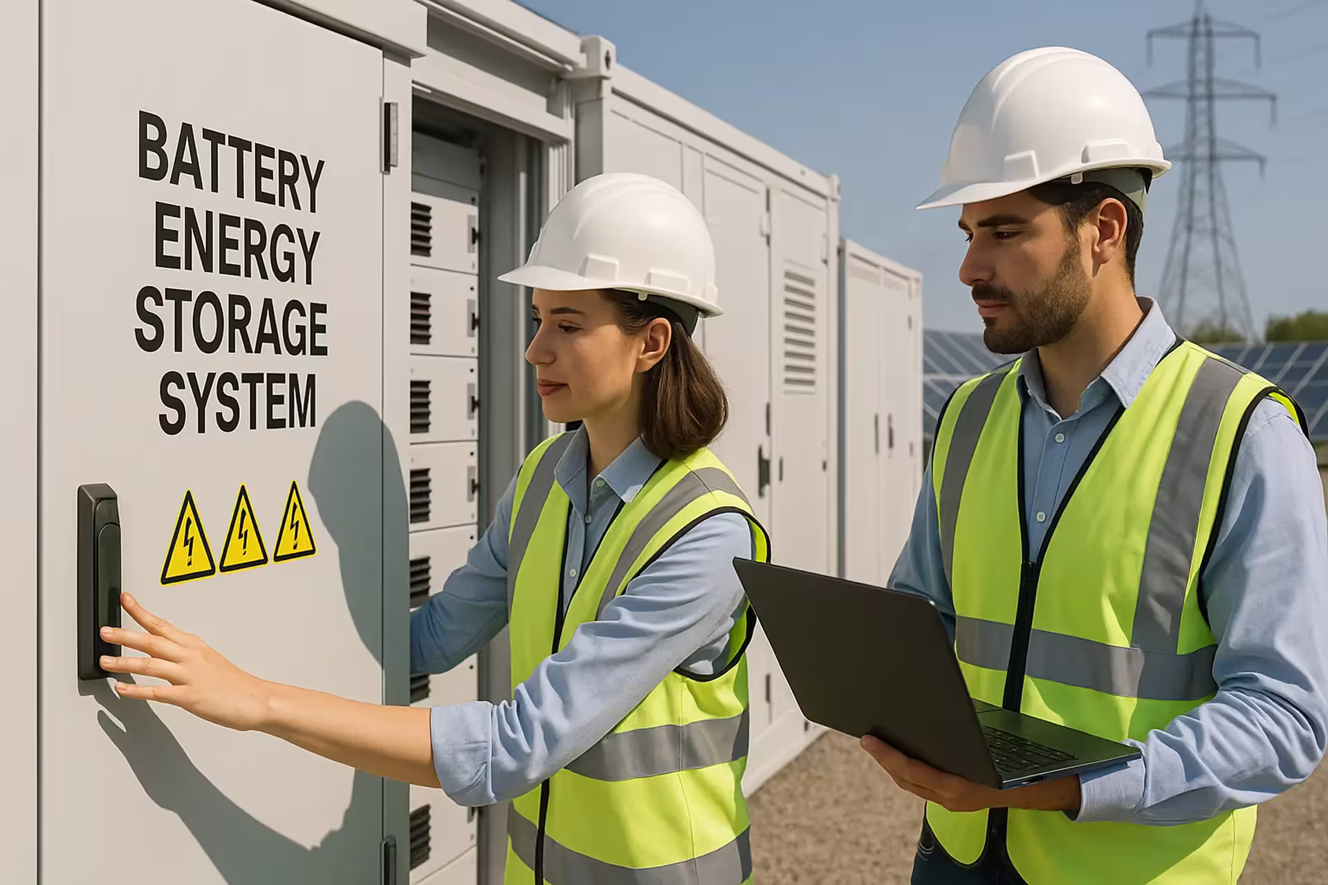 BESS workers in front of storage