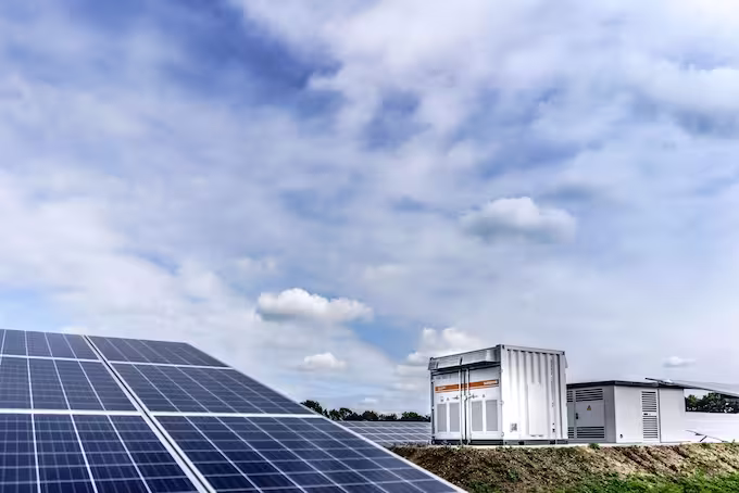Solar panels in front of an energy storage systems